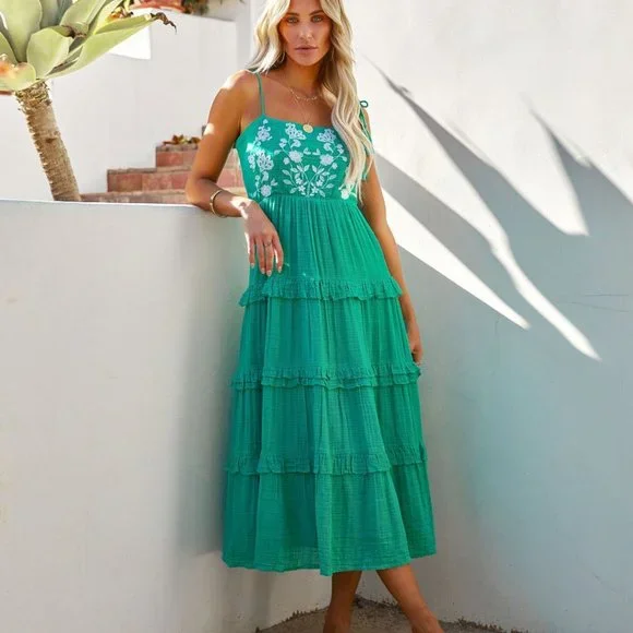 green emerald velvet dress Pink Floral Embroidered Tiered Midi Dress